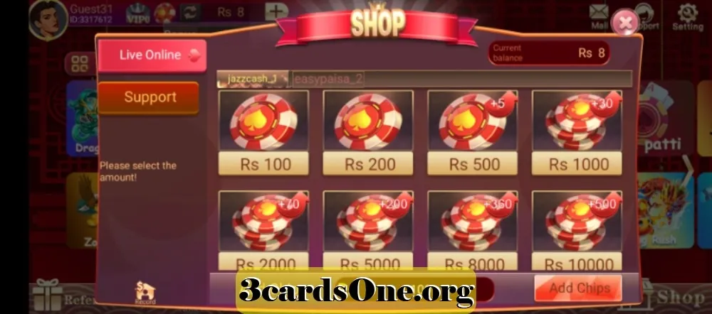 Supported payment methods and wallet options for 3 Card Club