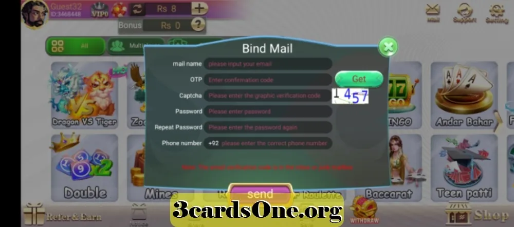 Registration steps image showing account creation fields for 3 Card King