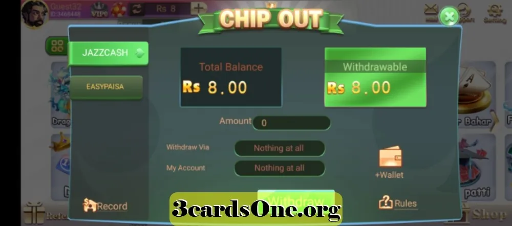 Withdrawal screen showing how to request and confirm a payout from 3 Card King